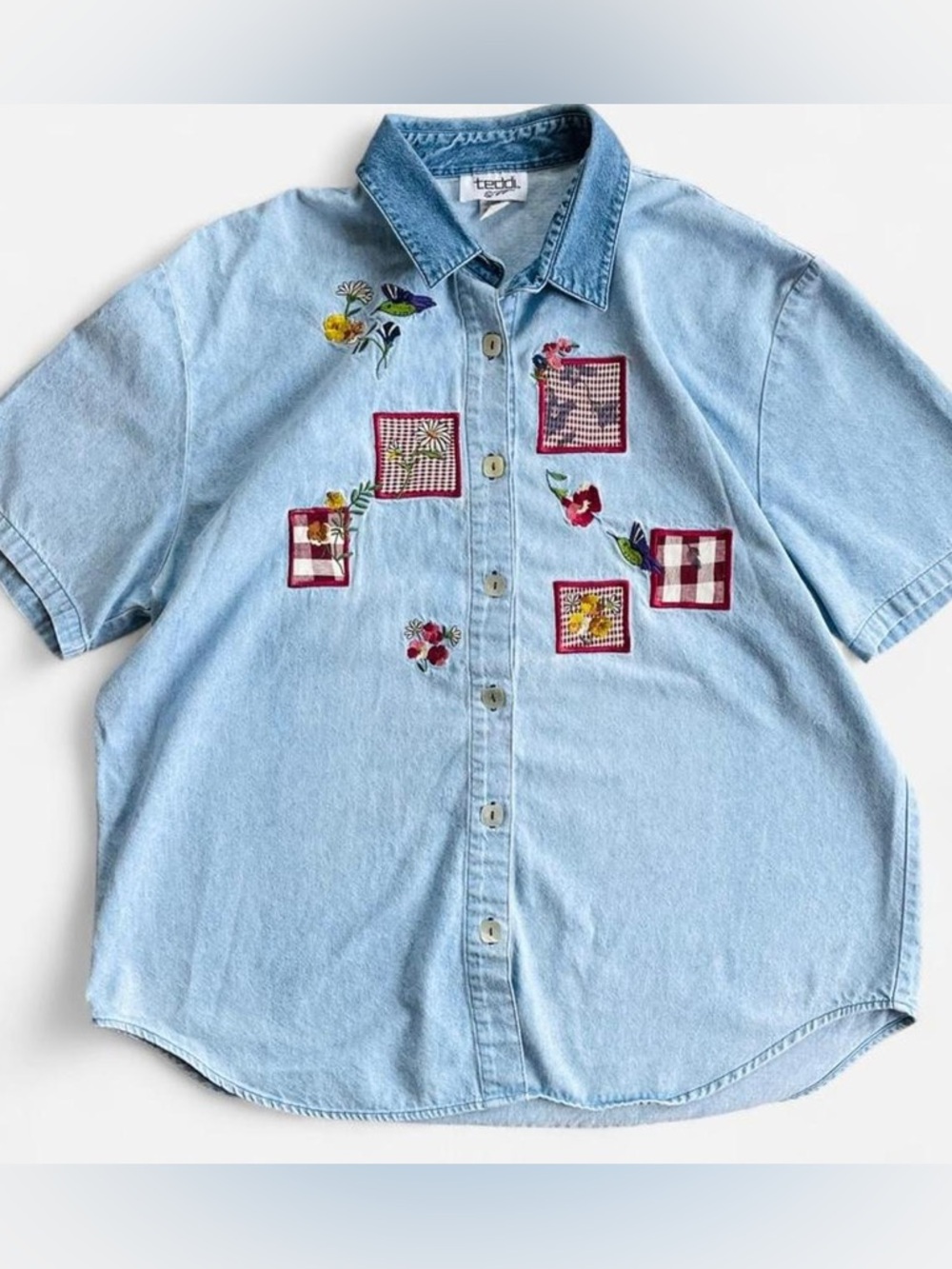 Vintage Teddi Denim Short Sleeve Shirt Embroidered Patchwork Flowers Birds XL